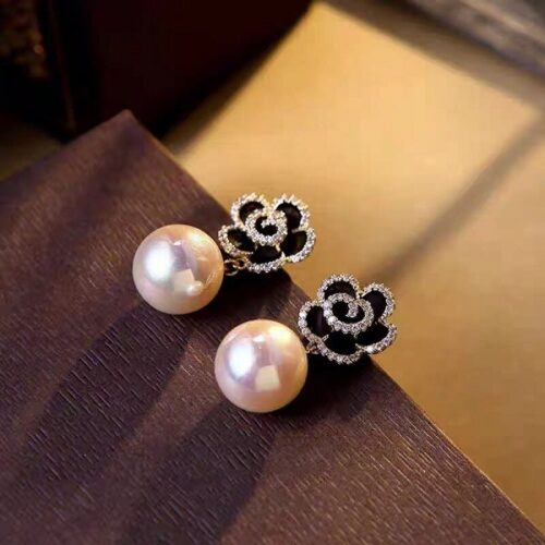 Black Camellia Flower And Pearl Earrings