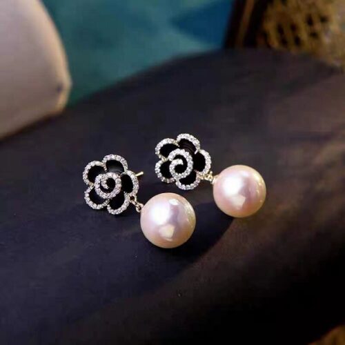 Black Camellia Flower And Pearl Earrings