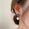 Black Camellia Flower And Pearl Earrings