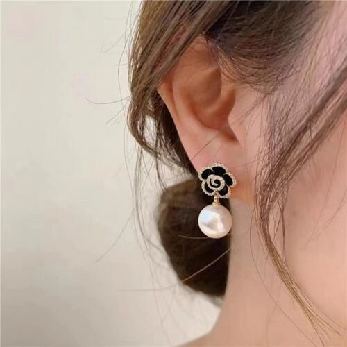 Black Camellia Flower And Pearl Earrings