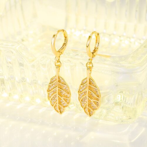 Gold Drop Zircon Leaf Earrings for Women